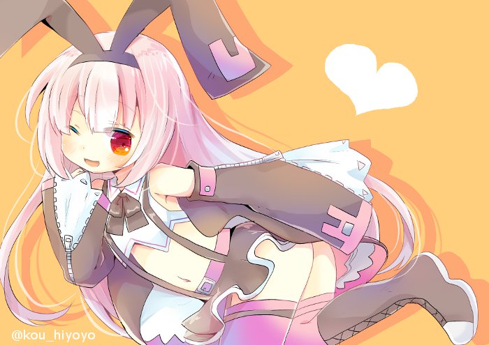 1girl ;d armpits ass azur_lane belt belt_buckle black_jacket black_skirt blush boots brown_footwear buckle bunny_hair_ornament crop_top detached_sleeves drop_shadow hair_ornament heart hobby_(azur_lane) jacket knee_boots kouu_hiyoyo long_hair long_sleeves looking_at_viewer midriff navel one_eye_closed open_mouth orange_background pink_belt pink_hair pink_legwear red_eyes shirt simple_background skirt sleeves_past_fingers sleeves_past_wrists smile solo thigh-highs thighhighs_under_boots very_long_hair white_shirt wide_sleeves yellow_background
