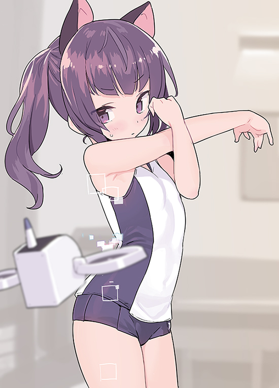 1girl alice_gear_aegis animal_ears armpits bangs bare_arms bare_shoulders blade_(galaxist) blue_shorts cat_ears cowboy_shot drone extra_ears eyebrows_visible_through_hair flat_chest gym_uniform ichijou_ayaka kemonomimi_mode long_hair purple_hair shirt short_shorts shorts sleeveless sleeveless_shirt solo stretch sweatdrop twintails violet_eyes white_shirt