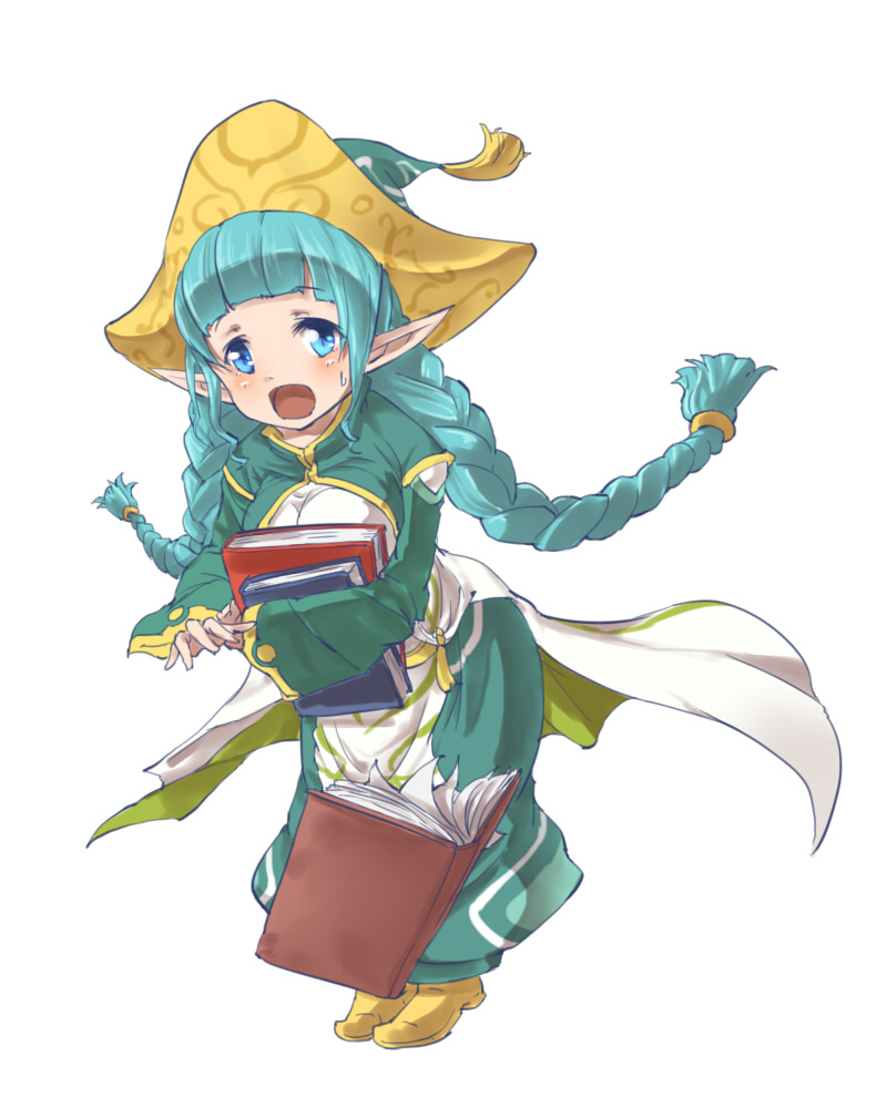 1girl :o aqua_hat bangs blue_eyes blue_hair blunt_bangs blush book braid breasts chocotto_land dress elf holding holding_book ico6 leaning_forward long_sleeves looking_at_viewer medium_breasts pointy_ears solo sweatdrop twin_braids twintails white_background white_dress wide_sleeves yellow_footwear