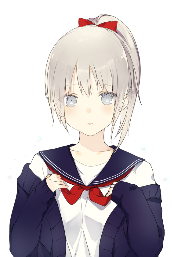 1girl blue_eyes blush bow eyebrows_visible_through_hair eyes_visible_through_hair grey_hair hair_bow looking_at_viewer lpip off_shoulder open_mouth original parted_lips ponytail purple_sailor_collar red_bow sailor_collar school_uniform serafuku simple_background solo upper_body white_background