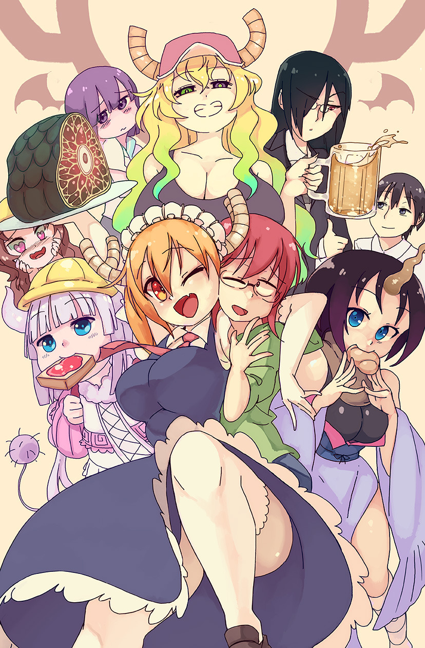 3boys 6+girls alcohol bangs beer black_dress black_hair blonde_hair blue_eyes blunt_bangs blush breasts brown_hair child cleavage collarbone collared_shirt cup dragon_girl dragon_horns dress eating elbow_gloves elma_(maidragon) eyebrows_visible_through_hair fafnir_(maidragon) feet_out_of_frame food frilled_dress frills glasses gloves gradient_hair green_hair green_shirt grey_eyes hair_between_eyes hair_over_one_eye hands_on_own_cheeks hands_on_own_face hat heart heart_eyes heterochromia highres horns kanna_kamui kobayashi-san_chi_no_maidragon kobayashi_(maidragon) large_breasts lavender_hair liquid long_hair looking_at_viewer magatsuchi_shouta maid maid_headdress meat mouth_hold mug multicolored multicolored_eyes multicolored_hair multiple_boys multiple_girls necktie no_nose one_eye_closed open_mouth orange_hair pince-nez pink_eyes plate purple_hair quetzalcoatl_(maidragon) red_eyes red_neckwear redhead rtil saikawa_riko shirt short_hair smile takiya_makoto teeth thigh-highs tooru_(maidragon) violet_eyes white_gloves white_legwear white_shirt yellow_eyes yellow_hat