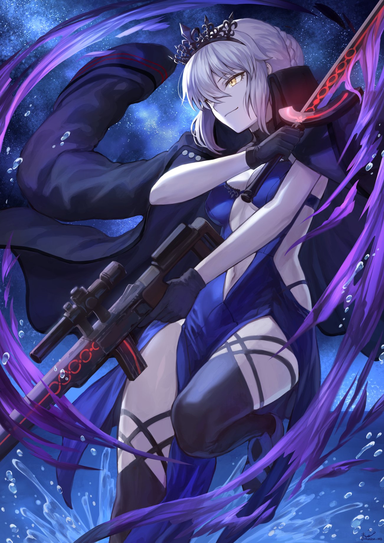 1girl artoria_pendragon_(all) artoria_pendragon_(swimsuit_rider_alter) bangs bare_shoulders black_gloves black_jacket black_legwear blue_dress braid breasts closed_mouth collarbone dark_excalibur dress fate/grand_order fate_(series) french_braid gloves gun hair_between_eyes hair_bun highres hips jacket jacket_on_shoulders long_hair mashu_003 navel navel_cutout night night_sky open_clothes open_jacket pale_skin rifle sidelocks sky small_breasts smile solo sword thigh-highs thighs tiara water weapon yellow_eyes