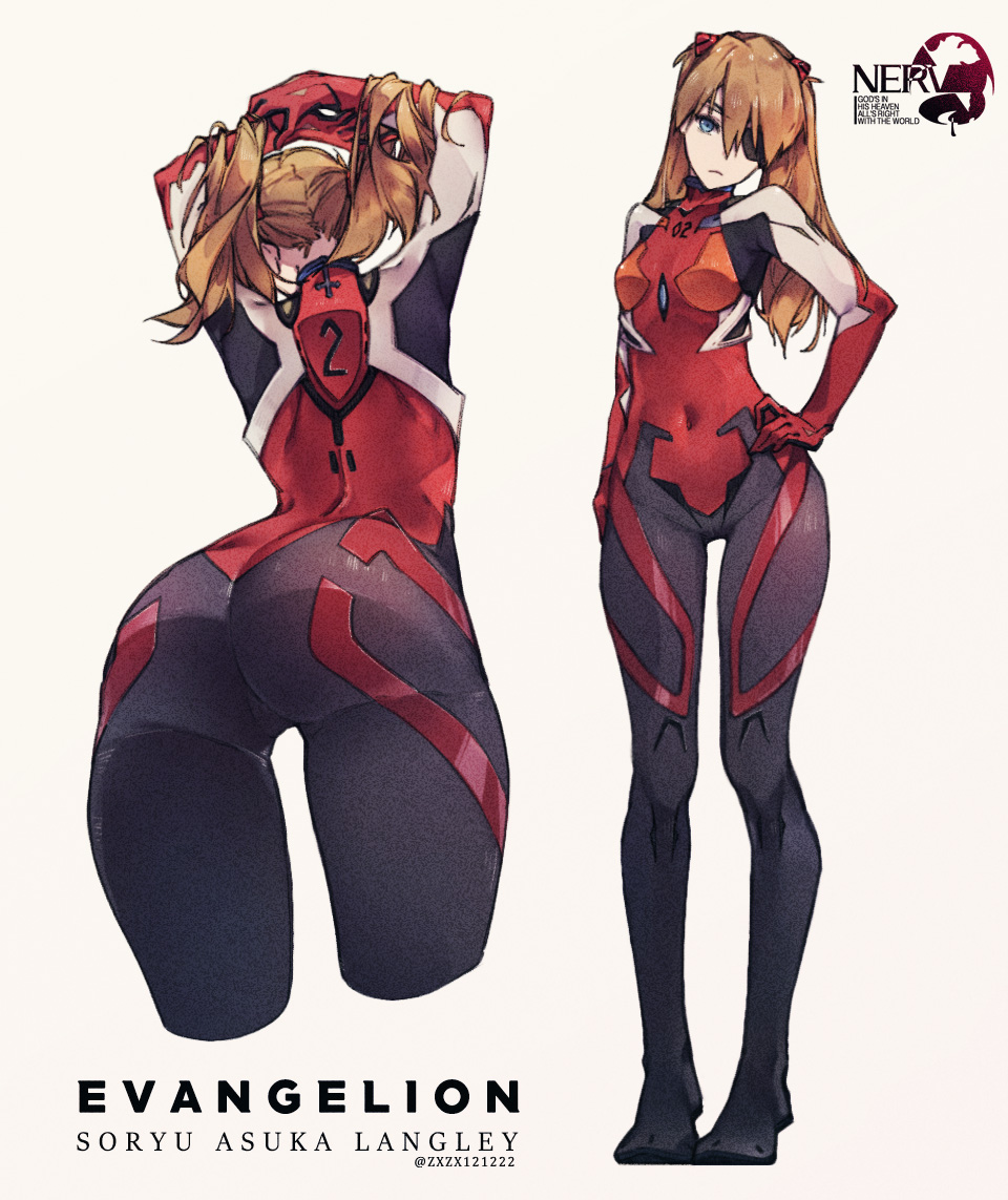 1girl arms_up ass bangs blue_eyes bodysuit breasts brown_hair character_name commentary_request copyright_name covered_navel cropped_legs eyepatch full_body gloves grey_background hair_between_eyes hand_on_hip head_tilt korean_commentary long_hair looking_at_viewer multiple_views neon_genesis_evangelion one_eye_covered plugsuit red_bodysuit red_gloves small_breasts souryuu_asuka_langley standing twintails
