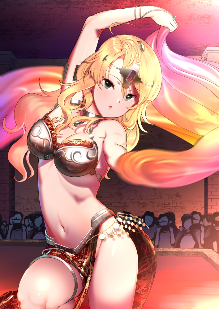 1girl antenna_hair arabian_clothes arm_up armlet bare_shoulders blonde_hair bracelet breasts bustier commentary_request crowd dancer dancing earrings green_eyes harem_outfit headdress hoshii_miki idolmaster idolmaster_(classic) jewelry long_hair looking_at_viewer medium_breasts midriff motion_blur navel necklace pettan_p revealing_clothes shiny shiny_hair shiny_skin solo