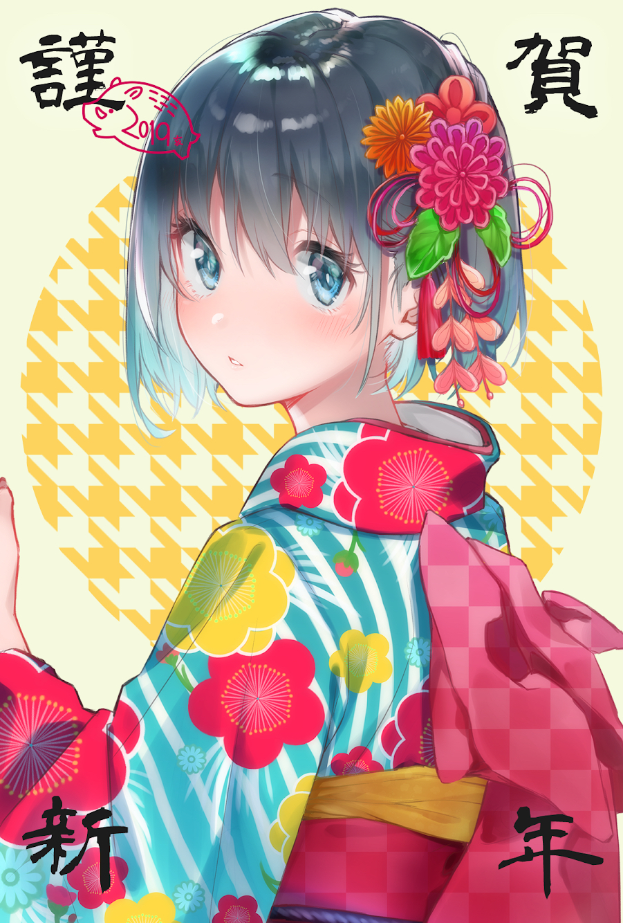 1girl 2019 bangs black_hair blue_eyes blue_kimono boar checkered cherry_print chinese_zodiac commentary_request eyebrows_visible_through_hair floral_print flower food_print from_side hair_between_eyes hair_flower hair_ornament hand_up happy_new_year highres houndstooth japanese_clothes kanzashi kimono leaf long_sleeves looking_at_viewer looking_back new_year obi orange_flower original pink_flower print_kimono red_flower rinku_(rin9) sanpaku sash short_hair sidelocks solo striped striped_kimono translated unmoving_pattern wide_sleeves year_of_the_pig yellow_background
