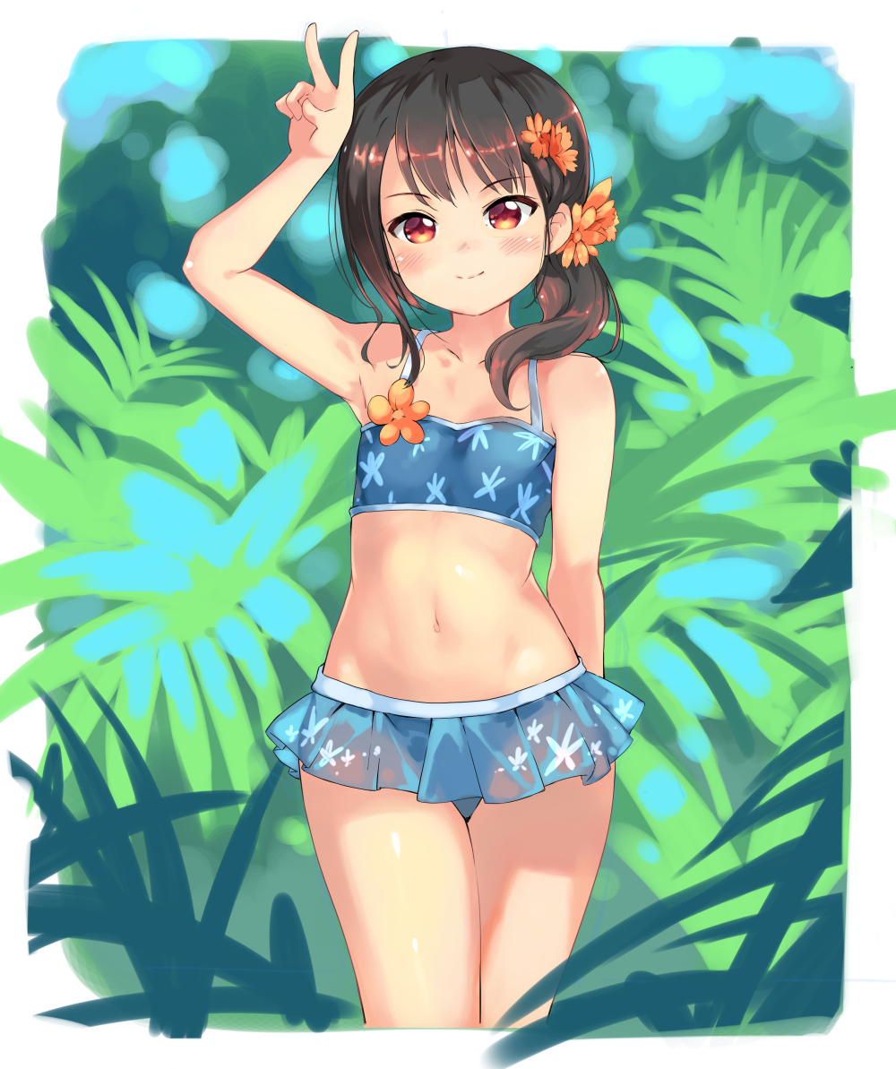 1girl arm_up armpits bangs bikini blue_bikini blush breasts brown_hair closed_mouth commentary_request cowboy_shot day eyebrows_visible_through_hair floral_print flower garun_wattanawessako hair_between_eyes hair_flower hair_ornament leaf long_hair looking_at_viewer navel original outdoors ponytail red_eyes side_ponytail small_breasts smile solo standing stomach swimsuit thighs tree v