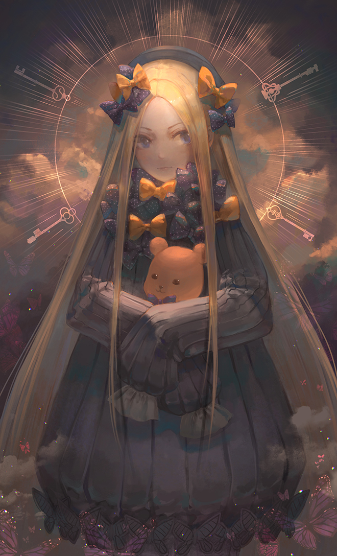 1girl abigail_williams_(fate/grand_order) bangs black_bow black_dress black_hat blonde_hair blue_bow blue_eyes bow bug butterfly closed_mouth clouds commentary_request dress fate/grand_order fate_(series) forehead hair_bow hat helen_(helentsang) insect key long_hair long_sleeves looking_at_viewer object_hug orange_bow parted_bangs polka_dot polka_dot_bow sleeves_past_fingers sleeves_past_wrists solo stuffed_animal stuffed_toy teddy_bear v-shaped_eyebrows very_long_hair
