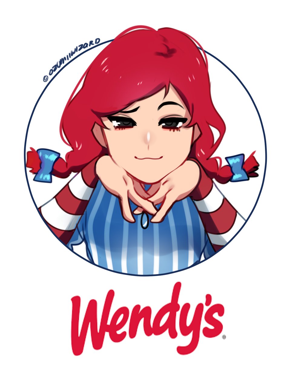 1girl :3 bangs black_eyes bow braid chin_rest eyelashes freckles hair_bow highres interlocked_fingers long_hair long_sleeves looking_at_viewer outside_border ozumii raised_eyebrow redhead simple_background smug solo striped swept_bangs text_focus tsurime twin_braids twitter_username upper_body wendy's wendy_(wendy's) white_background