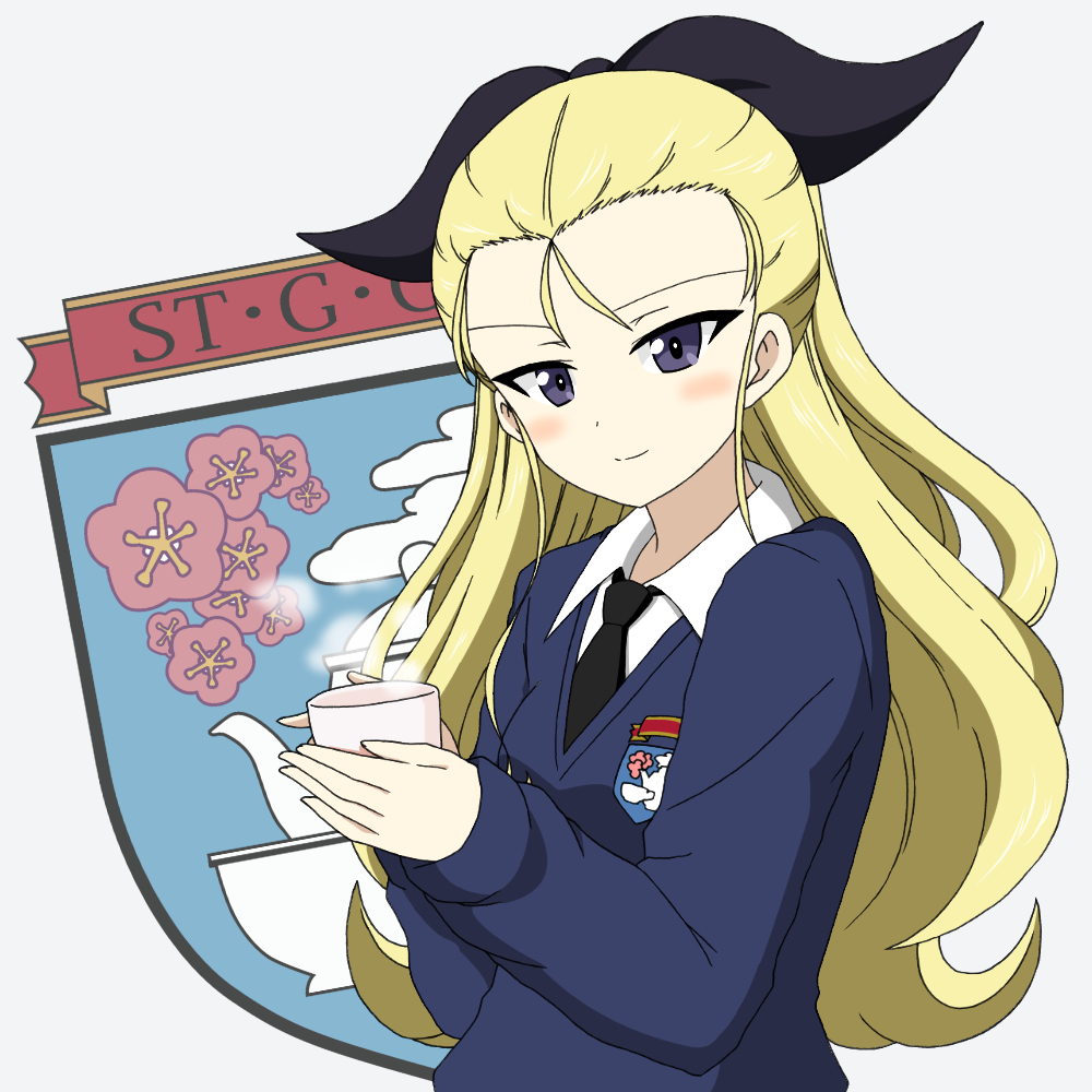 1girl assam black_neckwear black_ribbon blonde_hair blue_eyes blue_sweater closed_mouth cup dress_shirt emblem girls_und_panzer hair_pulled_back hair_ribbon head_tilt holding holding_cup ichinose_jun light_blush long_hair long_sleeves looking_at_viewer necktie ribbon saucer school_uniform shirt simple_background smile solo st._gloriana's_(emblem) st._gloriana's_school_uniform steam sweater teacup upper_body v-neck white_background white_shirt wing_collar