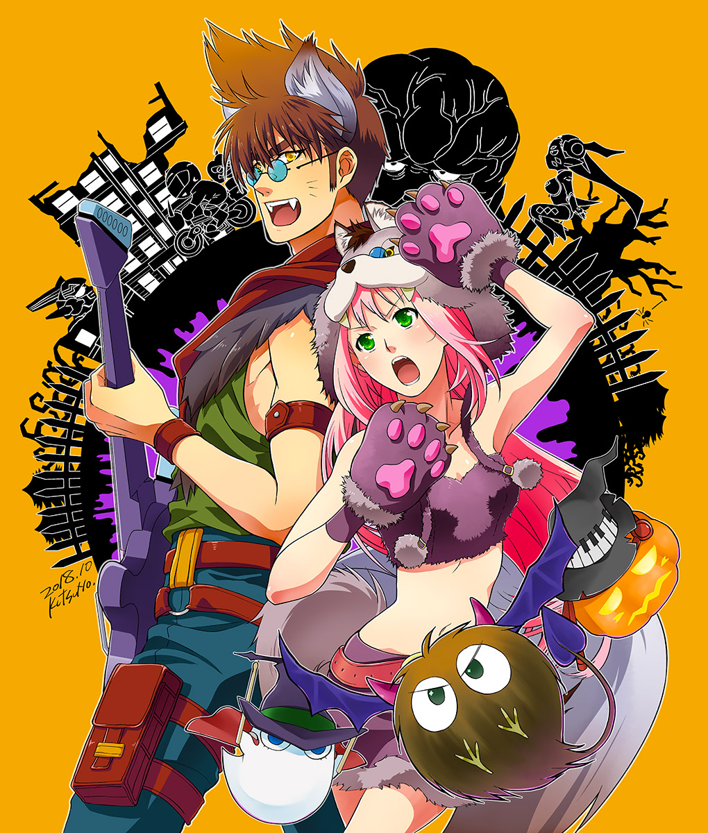 1boy 1girl 2018 :d animal_ears arm_belt armpits blue-tinted_eyewear blue_pants breasts brown_hair cleavage crop_top dated fangs floating_hair fur-trimmed_skirt glasses gloves green_eyes guvava halloween halloween_costume highres holding holding_instrument instrument kutsuno long_hair macross macross_7 miniskirt mylene_jenius nekki_basara open_mouth pants paw_gloves paws pink_hair pumpkin purple_gloves purple_skirt signature skirt sleeveless small_breasts smile very_long_hair yellow_background yellow_eyes