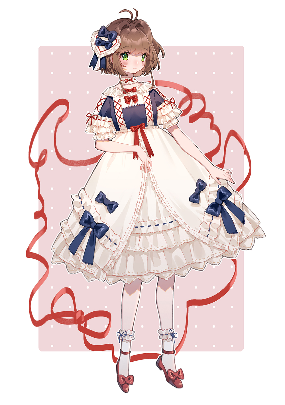 1girl ankle_strap antenna_hair bangs blue_bow blue_ribbon blush bow bowtie brown_hair card_captor_sakura detached_collar dress frilled_dress frilled_legwear frilled_sleeves frills full_body green_eyes hair_bow hair_intakes hair_ornament hair_ribbon heart heart_hair_ornament highres kinomoto_sakura lolita_fashion looking_at_viewer outline overskirt pink_background red_footwear red_neckwear red_ribbon ribbon ribbon-trimmed_collar ribbon-trimmed_dress ribbon-trimmed_legwear ribbon-trimmed_sleeves ribbon_trim short_hair_with_long_locks short_sleeves smile socks solo standing white_dress white_outline yuzhi