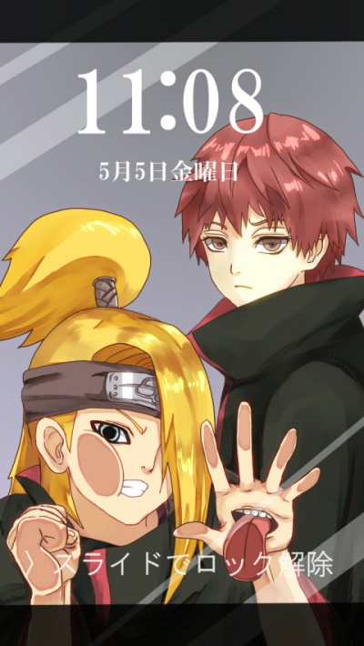 2boys :/ against_fourth_wall akatsuki_(naruto) akatsuki_uniform bangs big_hair black_cloak blonde_hair cloak closed_mouth commentary_request dated deidara expressionless eyelashes eyeliner forehead_protector hair_over_one_eye hand_mouth hands hands_up high_collar iwagakure_symbol light_blue_eyes light_brown_eyes long_hair long_sleeves long_tongue looking_at_viewer makeup male_focus multiple_boys naruto_(series) naruto_shippuuden ninja phone_screen redhead sasori shiny shiny_hair spread_fingers time tongue tongue_out topknot translated upper_body upper_teeth