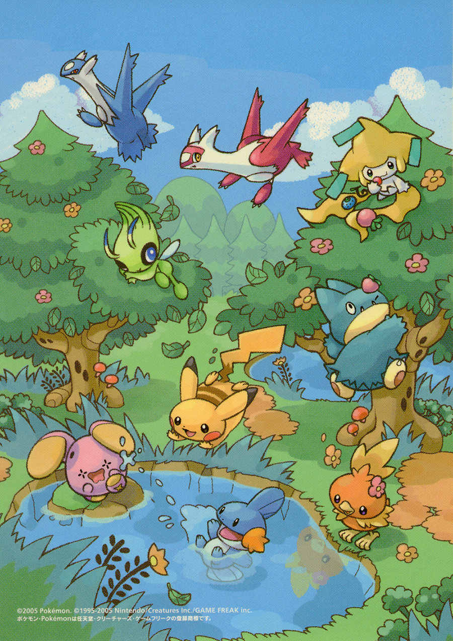 2005 :d bird black_eyes blue_eyes blue_sky blush_stickers bush celebi closed_mouth clouds copyright_name creature creatures_(company) dated day eating eo_kanako flower flying food fruit game_freak gen_1_pokemon gen_2_pokemon gen_3_pokemon gen_4_pokemon grass happy highres holding holding_food holding_fruit jirachi jumping latias latios legendary_pokemon looking_up mudkip munchlax mushroom nature nintendo no_humans official_art one_eye_closed open_mouth oran_berry outdoors pecha_berry pikachu pokemon pokemon_(creature) pool red_eyes reflection sky smile standing standing_on_one_leg swimming torchic tree water watermark whismur wings yellow_eyes