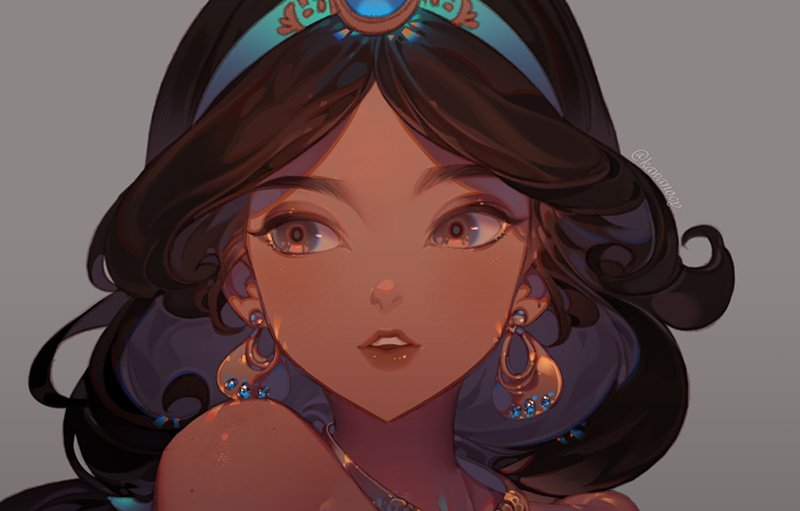 1girl :o aladdin_(disney) bare_shoulders black_hair brown_eyes close-up commentary curly_hair dark_skin diadem earrings face grey_background hoop_earrings jasmine_(disney) jewelry kawacy long_hair looking_away necklace open_mouth shaded_face simple_background solo twitter_username upper_body upper_teeth