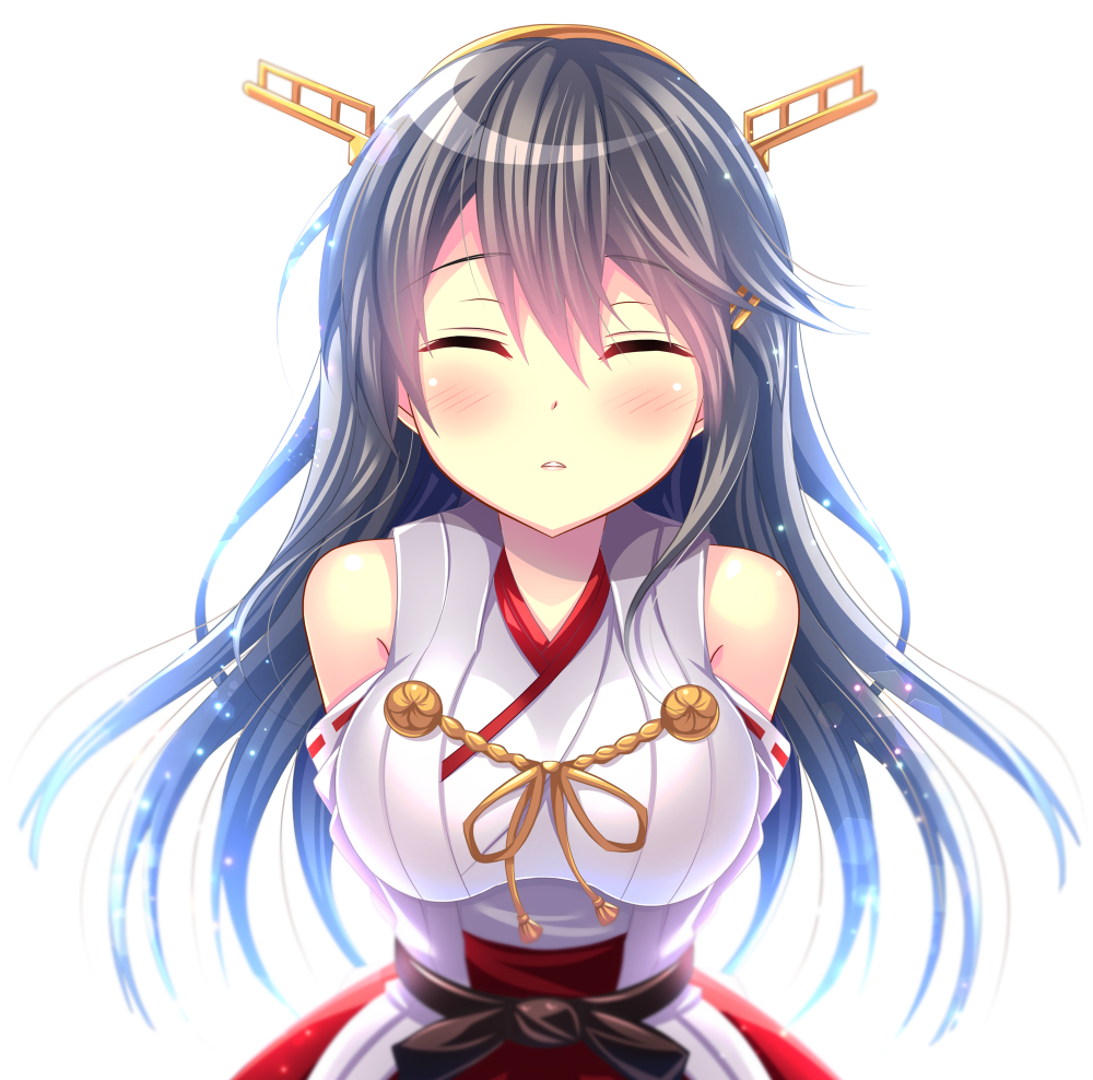 1girl bare_shoulders black_hair blush breasts closed_eyes detached_sleeves eyebrows_visible_through_hair hair_ornament hairband hairclip haruna_(kantai_collection) headgear japanese_clothes kantai_collection long_hair medium_breasts nontraditional_miko parted_lips red_skirt remodel_(kantai_collection) ribbon-trimmed_sleeves ribbon_trim simple_background skirt solo upper_body white_background yuzukaze_rio