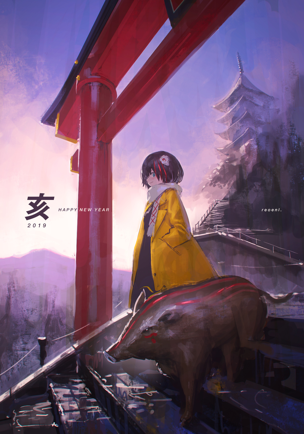 1girl 2019 animal bangs blue_eyes commentary_request flower hair_flower hair_ornament hands_in_pockets happy_new_year highres looking_at_another multicolored_hair new_year original outdoors pagoda pig reoen scarf short_hair shrine sky stairs streaked_hair torii translated yellow_coat