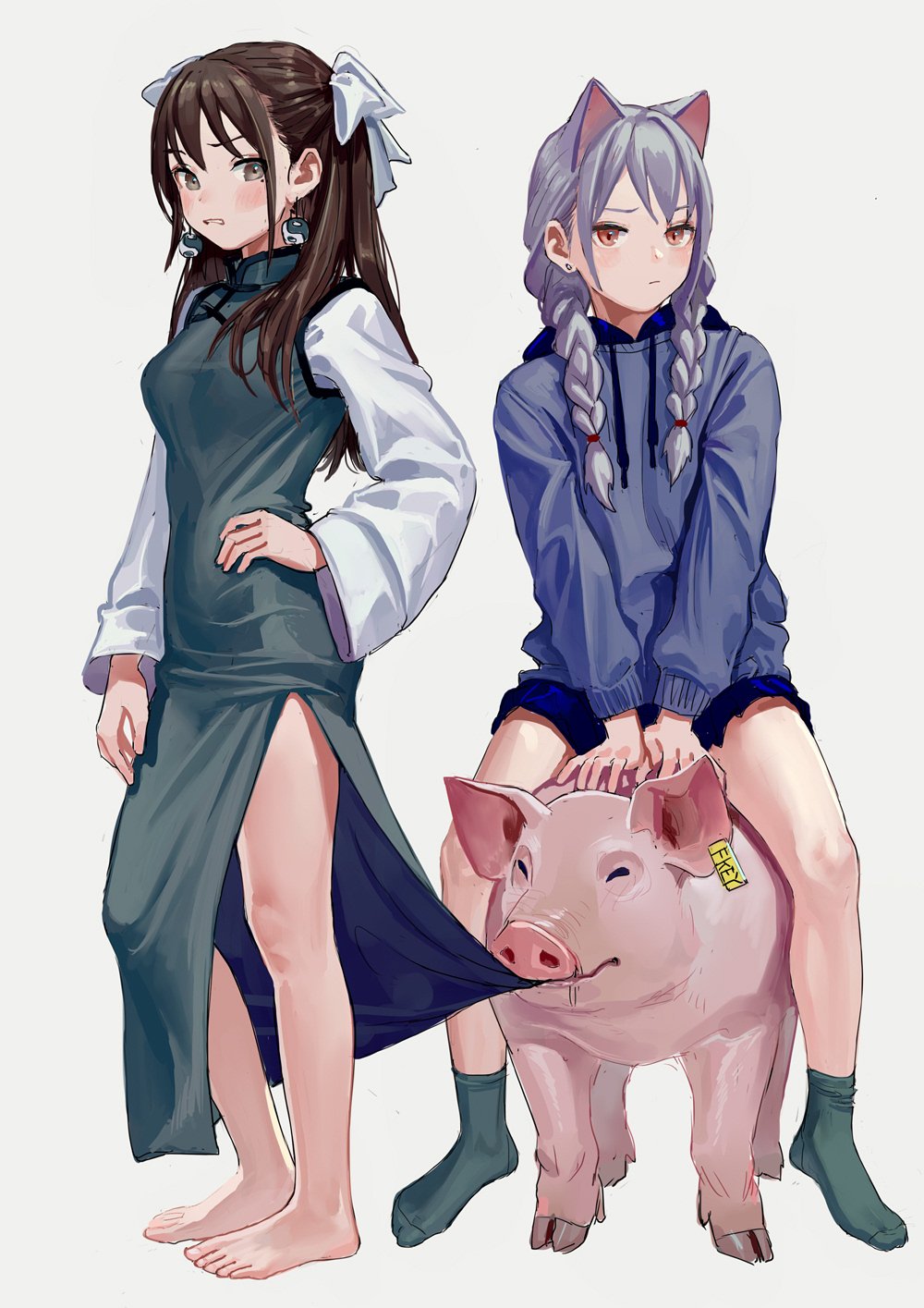 2girls arm_at_side arms_between_legs artist_name barefoot black_hair blue_jacket blue_skirt breasts brown_eyes drawstring earrings fkey full_body grey_background grey_hair hair_ribbon hand_on_hip highres hood hooded_jacket jacket jewelry long_sleeves looking_at_viewer low_twin_braids medium_breasts mole mole_under_eye multiple_girls no_shoes on_animal original pig ribbon riding simple_background sitting skirt spcks standing v_arms white_ribbon wide_sleeves