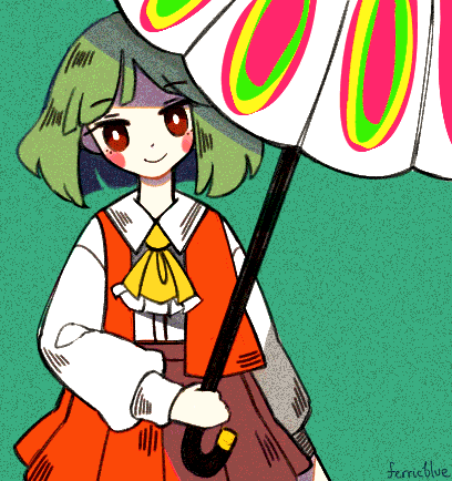 1girl arm_at_side arm_up artist_name blush_stickers closed_mouth ferricblue green_hair holding holding_umbrella kazami_yuuka long_sleeves lowres neckerchief parasol pleated_skirt red_skirt short_hair skirt smile solo touhou umbrella yellow_neckwear