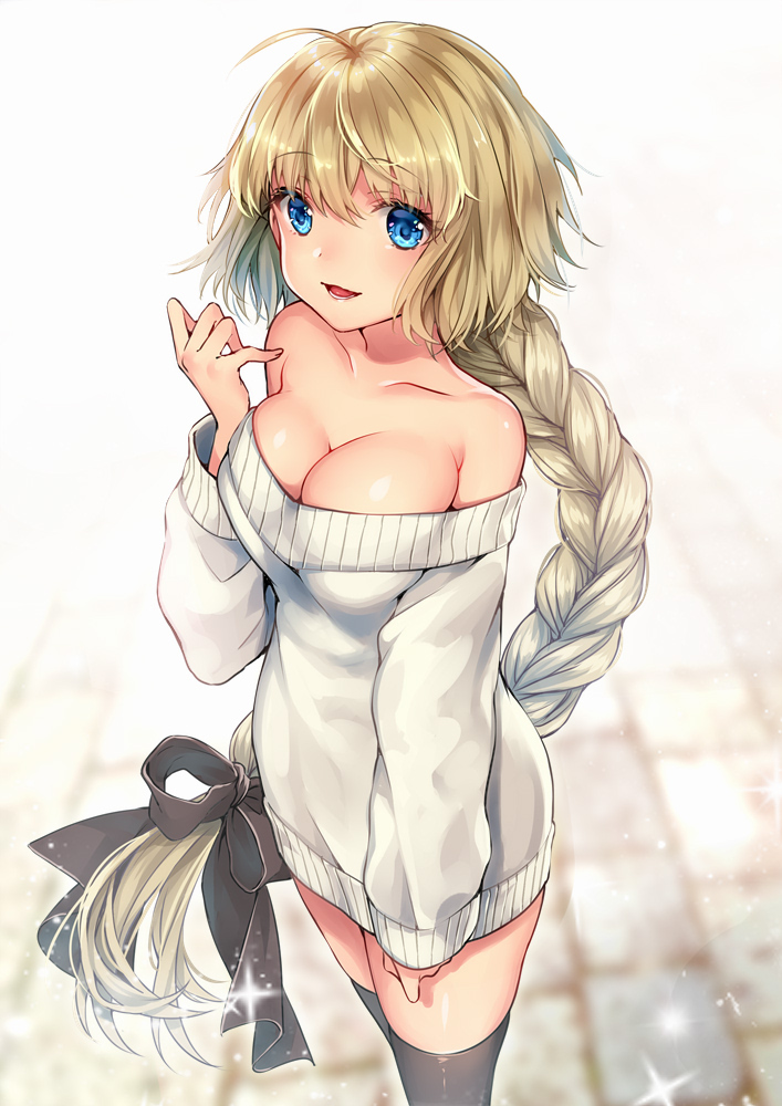 1girl ahoge awata_mokane bare_shoulders black_legwear black_ribbon blonde_hair blue_eyes braid breasts cleavage collarbone eyebrows_visible_through_hair fate/grand_order fate_(series) hair_ribbon jeanne_d'arc_(fate) jeanne_d'arc_(fate)_(all) large_breasts long_hair long_sleeves looking_at_viewer naked_sweater off-shoulder_sweater off_shoulder open_mouth ribbon single_braid smile solo sparkle standing sweater thigh-highs thighs white_sweater