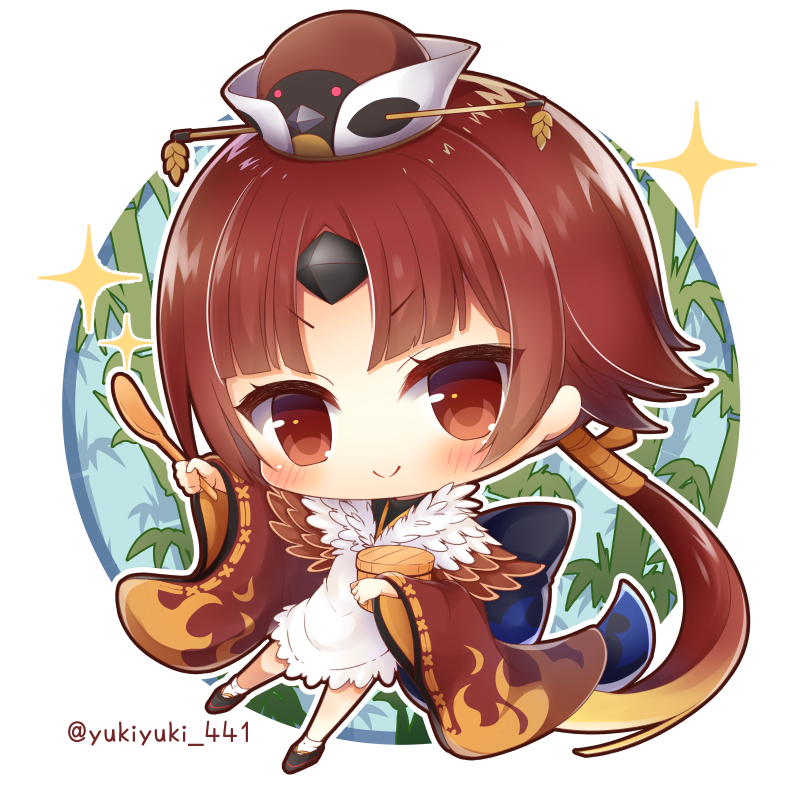 &gt;:) 1girl bamboo bangs benienma_(fate/grand_order) blue_bow blush bow brown_eyes brown_hair brown_hat brown_sleeves chibi closed_mouth commentary_request dress eyebrows_visible_through_hair fate/grand_order fate_(series) hat holding holding_spoon long_hair long_sleeves low_ponytail mini_hat parted_bangs ponytail smile solo sparkle spoon twitter_username v-shaped_eyebrows very_long_hair white_dress wide_sleeves wooden_spoon yukiyuki_441