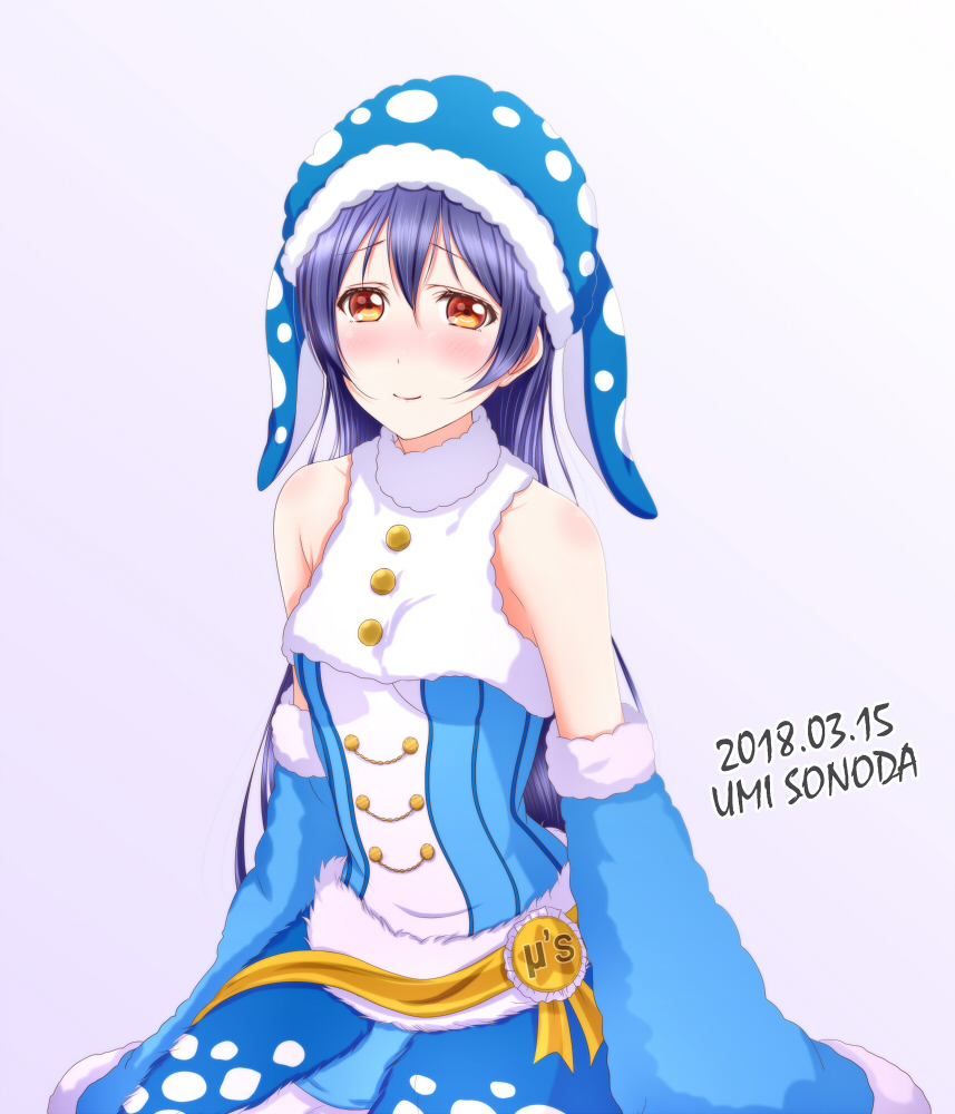 1girl animal_costume bangs bare_shoulders blue_hair blush character_name commentary_request dated detached_sleeves eyebrows_visible_through_hair fur_trim grey_background hair_between_eyes hat long_hair long_sleeves looking_at_viewer love_live! love_live!_school_idol_festival love_live!_school_idol_project roaru_(gyuren) simple_background sitting smile solo sonoda_umi whale_shark yellow_eyes