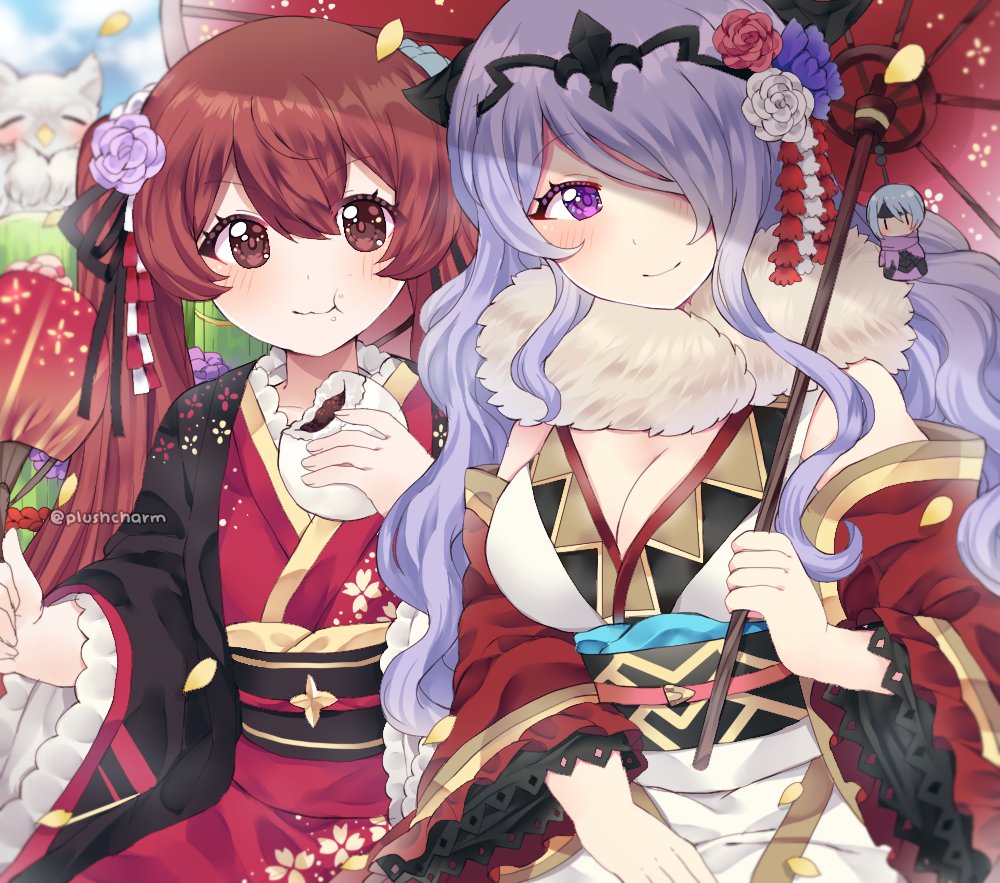 2girls berka_(fire_emblem_if) bird breasts camilla_(fire_emblem_if) cleavage closed_mouth eating fan feh_(fire_emblem_heroes) fire_emblem fire_emblem_heroes fire_emblem_if flower hair_flower hair_ornament hair_over_one_eye hair_ribbon holding holding_fan japanese_clothes kimono large_breasts long_hair long_sleeves luna_(fire_emblem_if) multiple_girls nintendo obi owl paper_fan petals plushcharm purple_hair red_eyes redhead ribbon sash smile tiara twintails twitter_username uchiwa violet_eyes wide_sleeves