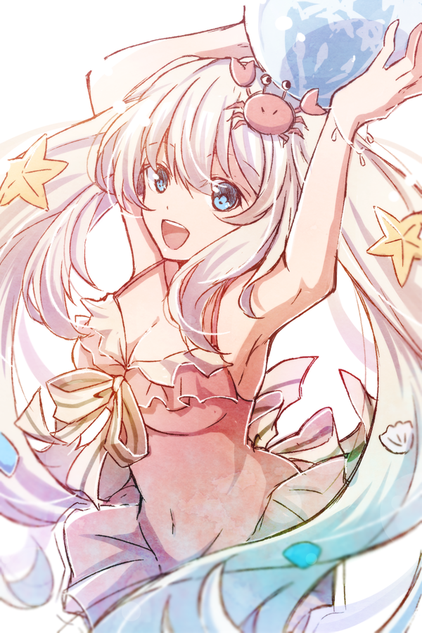 1girl :d armpits arms_up ball blue_eyes breasts cleavage eyebrows_visible_through_hair fate/grand_order fate_(series) holding holding_ball large_breasts marie_antoinette_(fate/grand_order) marie_antoinette_(swimsuit_caster)_(fate) miniskirt mishiro_(andante) neck_ribbon open_mouth pink_swimsuit pleated_skirt ribbon skirt smile solo standing starfish_hair_ornament striped striped_ribbon swimsuit white_background