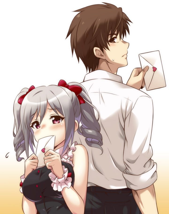 1boy 1girl back-to-back blush breasts brown_eyes brown_hair drill_hair grey_hair heart height_difference holding_envelope idolmaster idolmaster_cinderella_girls kanzaki_ranko large_breasts letter love_letter medium_hair producer_(idolmaster) red_eyes sleeveless sweatdrop twin_drills twintails uraichishi white_background