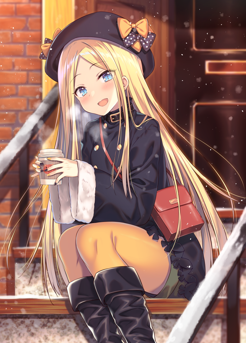 1girl :d abigail_williams_(fate/grand_order) bag bangs belt black_bow black_coat black_footwear black_hat black_nails blonde_hair blue_eyes blush boots bow buttons coat cup day door fate/grand_order fate_(series) fur-trimmed_coat fur_trim green_shorts handbag hat hat_bow holding holding_cup kokusan_moyashi long_hair looking_at_viewer nail_polish open_mouth orange_bow orange_legwear outdoors pantyhose parted_bangs polka_dot polka_dot_bow shorts sitting sleeves_past_wrists smile snow solo stairs steam very_long_hair yellow_nails