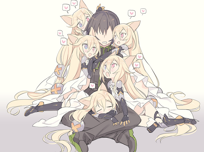 1boy 5girls :d animal_ears bangs black_footwear black_jacket black_legwear black_pants blade_(galaxist) blonde_hair blue_eyes blush boots brown_hair cat_ears closed_eyes commander_(girls_frontline) commentary_request dress elbow_gloves eyebrows_visible_through_hair faceless faceless_male g41_(girls_frontline) girls_frontline gloves gradient gradient_background grey_background hair_between_eyes hair_ornament harem heart heterochromia hug jacket long_hair multiple_girls multiple_persona open_mouth panties pants red_eyes smile spoken_heart thigh-highs underwear very_long_hair white_background white_dress white_panties