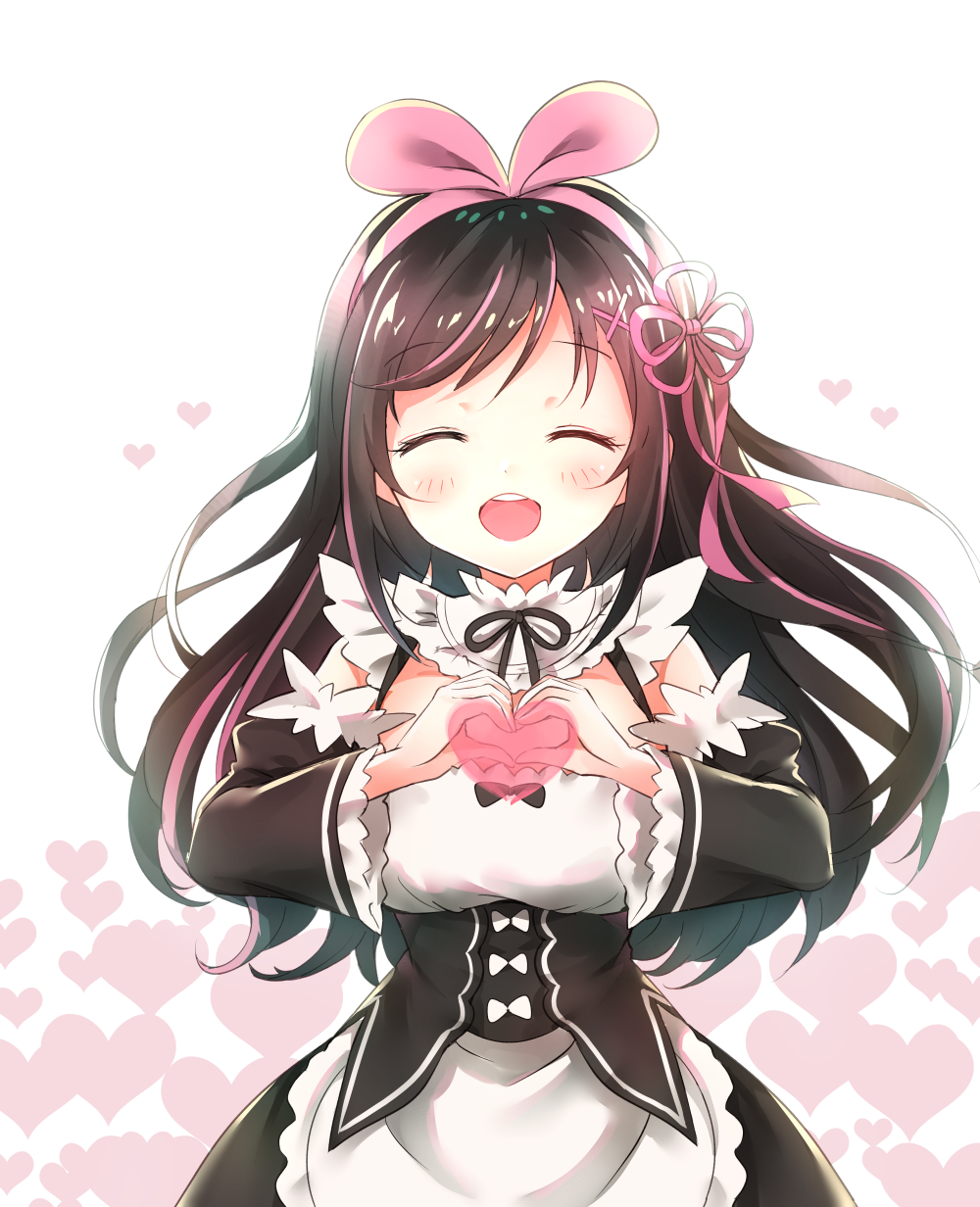 1girl :d ^_^ a.i._channel apron black_dress black_sleeves blush breasts brown_hair closed_eyes closed_eyes commentary_request detached_sleeves dress facing_viewer hair_ornament hair_ribbon hairband hairclip heart heart_hands highres juliet_sleeves kizuna_ai long_hair long_sleeves medium_breasts melings_(aot2846) multicolored_hair open_mouth pink_hair pink_hairband pink_ribbon puffy_sleeves re:zero_kara_hajimeru_isekai_seikatsu ribbon round_teeth sleeveless sleeveless_dress smile solo streaked_hair teeth upper_teeth very_long_hair virtual_youtuber waist_apron white_apron wide_sleeves x_hair_ornament