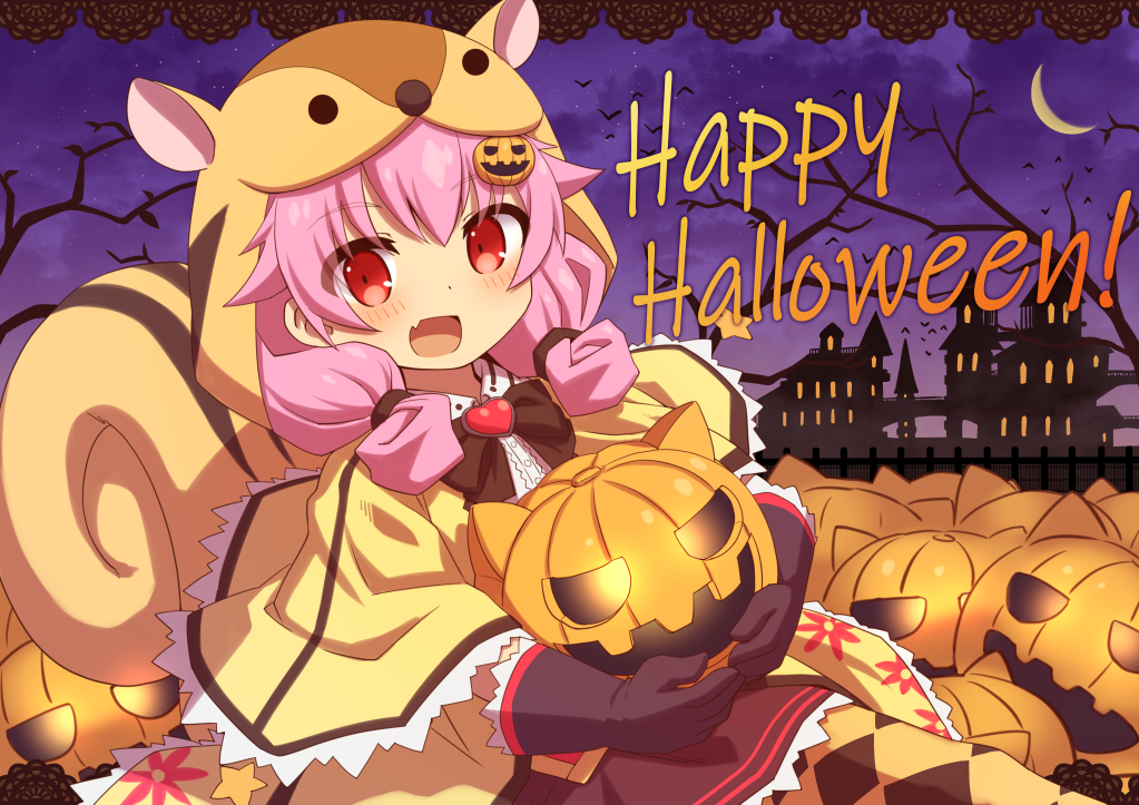 1girl :d animal_ears animal_hood argyle argyle_legwear bangs bare_tree blush bow brown_bow brown_gloves brown_skirt capelet clouds crescent_moon daisy_(flower_knight_girl) eyebrows_visible_through_hair fang flower_knight_girl gloves glowing hair_ornament happy_halloween heart holding hood hood_up hooded_capelet jack-o'-lantern jack-o'-lantern_hair_ornament lace_border long_hair looking_at_viewer mizunashi_(second_run) moon night night_sky open_mouth outside_border pantyhose pink_hair purple_sky red_eyes shirt skirt sky smile solo squirrel_ears squirrel_girl squirrel_hood squirrel_tail tail tree white_shirt yellow_capelet