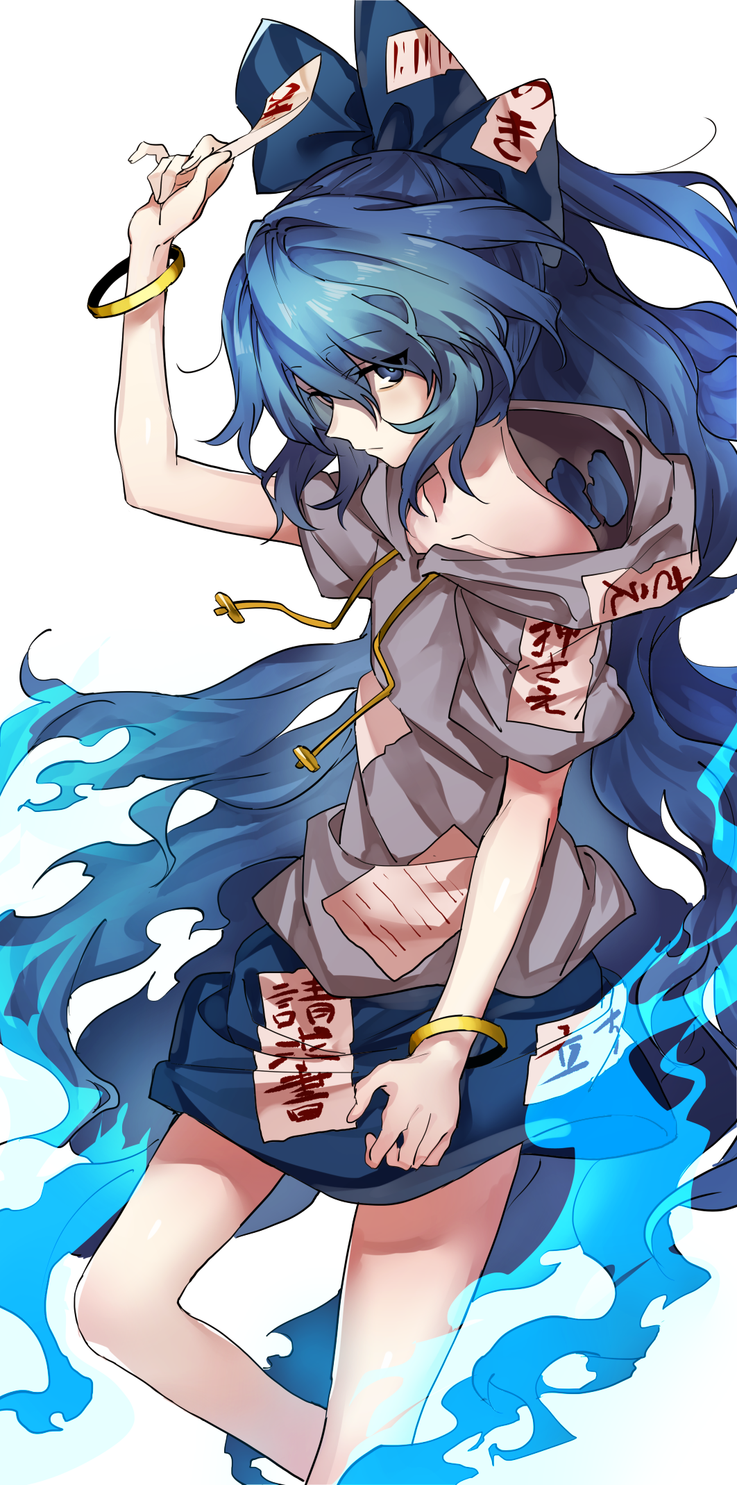 1girl arm_up bangle bare_arms bare_legs blue_bow blue_eyes blue_hair blue_skirt bow bracelet closed_mouth collarbone debt drawstring grey_hoodie hair_bow highres hood hood_down jewelry long_hair looking_at_viewer manarou miniskirt serious short_sleeves simple_background single_bare_shoulder skirt solo standing touhou very_long_hair white_background yorigami_shion