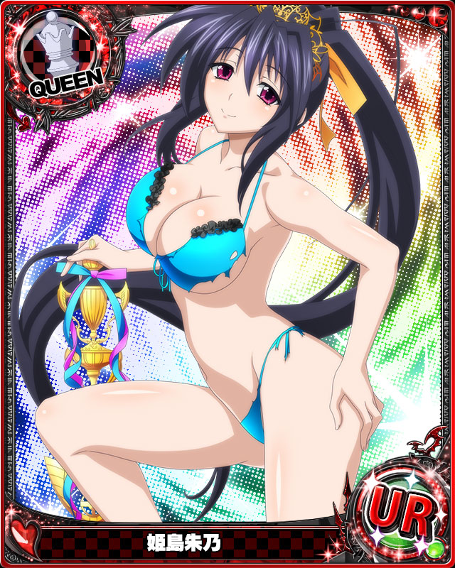 1girl aqua_bikini bikini black_hair breasts card_(medium) character_name chess_piece cleavage closed_mouth hair_ribbon high_school_dxd himejima_akeno large_breasts long_hair long_ponytail looking_at_viewer official_art ponytail queen_(chess) ribbon smile solo swimsuit tiara torn_bikini torn_clothes trading_card trophy very_long_hair violet_eyes