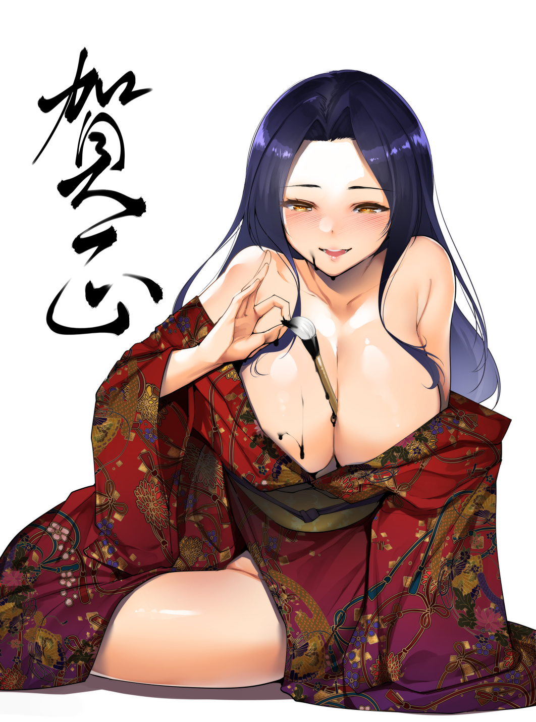 1girl bangs bare_shoulders between_breasts blue_hair blush breasts calligraphy_brush collarbone commentary_request highres ink japanese_clothes kimono large_breasts long_hair long_sleeves looking_at_viewer obi off_shoulder open_mouth original paintbrush parted_bangs red_kimono sash simple_background sitting smile solo thighs tomohiro_kai white_background wide_sleeves yellow_eyes