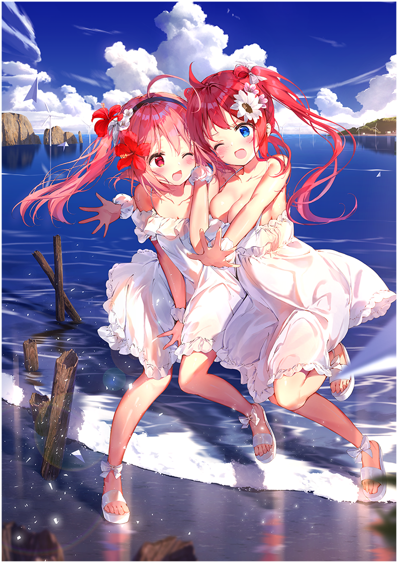 2girls ;d ahoge azur_lane bangs bare_arms bare_legs bare_shoulders beach black_hairband blue_eyes blue_sky blurry blurry_foreground blush breasts cleavage clouds cloudy_sky collarbone commentary_request daitai_sotogawa_(futomomo) day depth_of_field dress eyebrows_visible_through_hair floating_hair flower flower_request hair_flower hair_ornament hair_ribbon hairband halter_dress hand_up horizon island large_breasts lens_flare light_particles long_hair looking_at_another multiple_girls ocean one_eye_closed open_mouth outdoors outstretched_arms paper_airplane pink_flower pink_hair red_eyes red_flower redhead reflection ribbon rock san_diego_(azur_lane) sandals saratoga_(azur_lane) see-through sidelocks sky sleeveless sleeveless_dress smile standing standing_on_one_leg summer sundress toenails twintails water waves white_dress white_flower white_footwear white_ribbon wind_turbine windmill