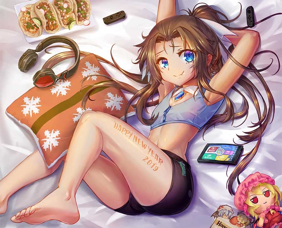 1girl 2019 armpits barefoot blue_eyes brown_hair character_doll commentary crop_top english_commentary fang flandre_scarlet flat_chest food freeze-ex full_body game_console happy_new_year hat hat_ribbon headphones long_hair lying midriff new_year nintendo_switch on_side original pillow ponytail remilia_scarlet ribbon short_shorts shorts soles solo taco toes touhou v-moda