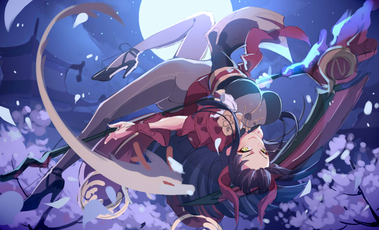 1girl architecture black_footwear black_hair breasts brown_legwear east_asian_architecture eclipse_isle full_body high_heels holding holding_weapon ibex jumping large_breasts looking_at_viewer moon night night_sky pantyhose sky solo weapon wrist_cuffs yellow_eyes