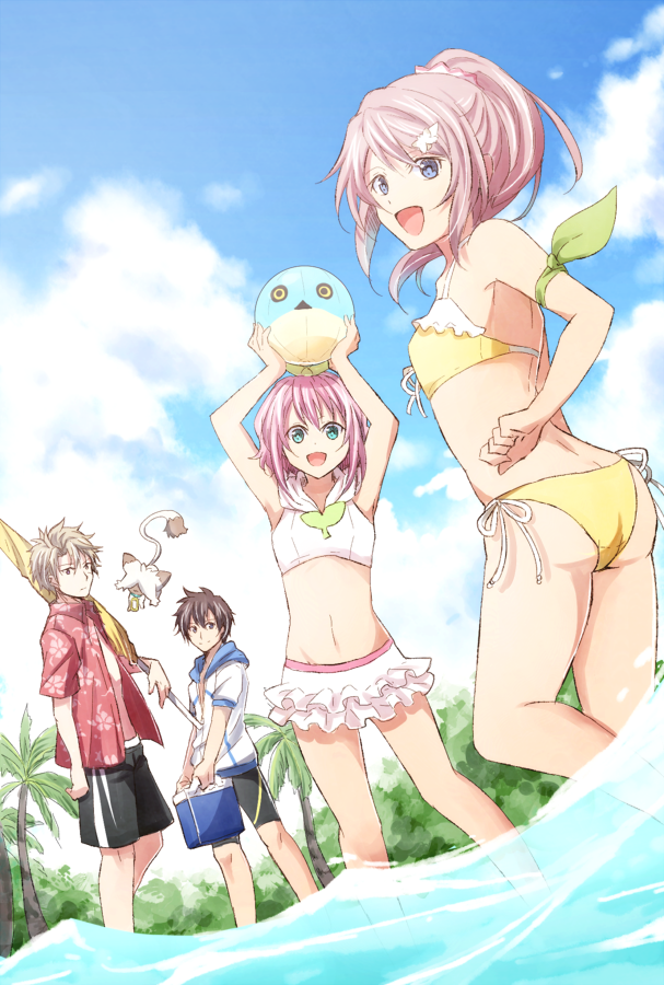 2boys 2girls :d alternate_hairstyle armpits arms_up bikini bikini_skirt blue_eyes blue_sky character_request clouds day dress_shirt floating_hair from_below green_eyes hair_ornament hawaiian_shirt holding hood hooded_jacket jacket kanonno_grassvalley layered_skirt long_hair looking_at_viewer mishiro_(andante) multiple_boys multiple_girls open_clothes open_mouth open_shirt outdoors palm_tree pink_hair ponytail red_shirt ribbon shirt short_sleeves side-tie_bikini silver_hair sky smile soaking_feet swimsuit swimwear tales_of_(series) tales_of_link tree white_bikini white_jacket white_ribbon yellow_bikini