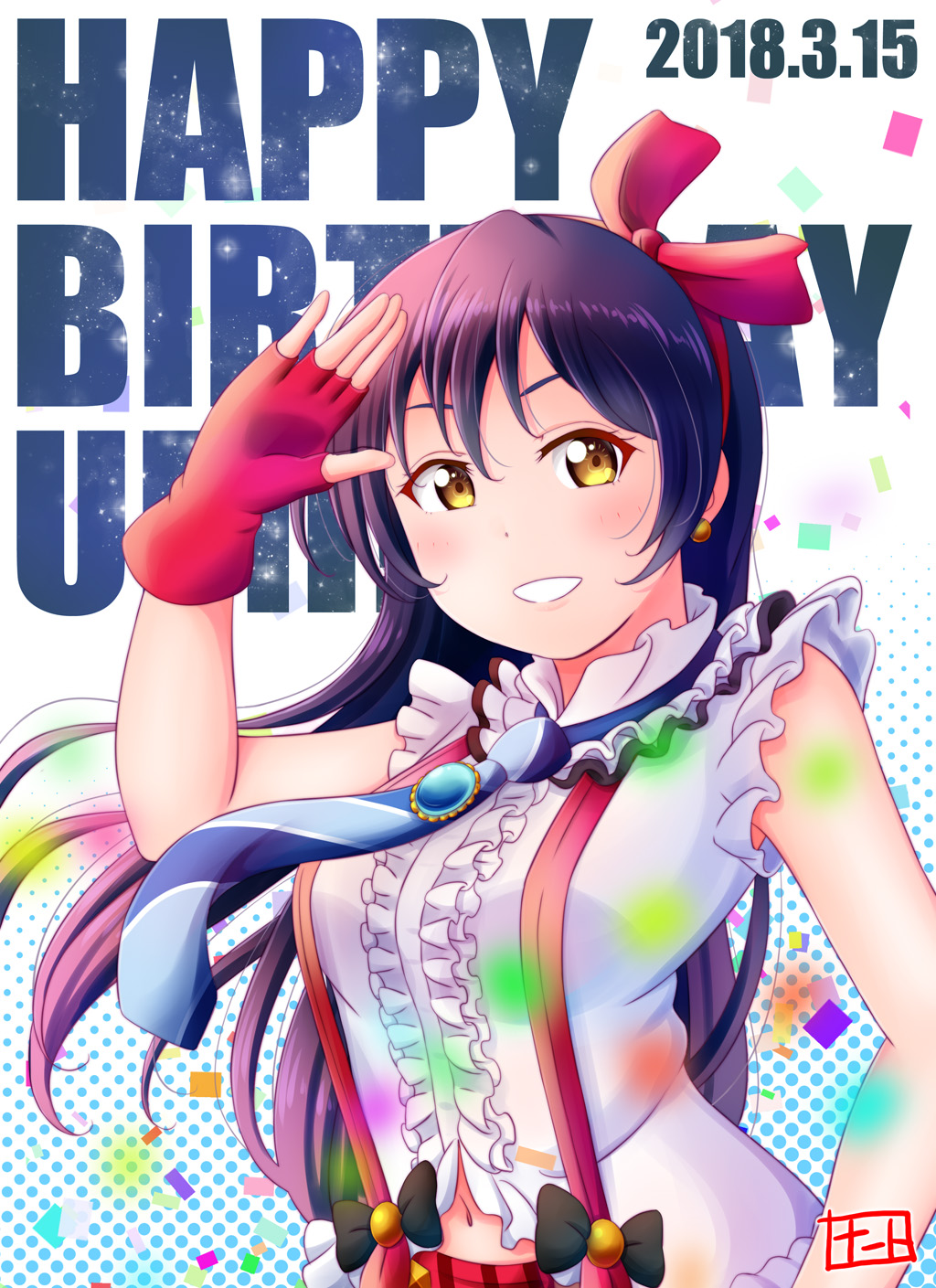 1girl bangs blue_hair blush bokura_wa_ima_no_naka_de character_name commentary_request confetti dated earrings english_text fingerless_gloves gloves hair_between_eyes hair_ribbon happy_birthday highres jewelry long_hair looking_at_viewer love_live! love_live!_school_idol_project naato_(naht) navel necktie red_gloves ribbon salute smile solo sonoda_umi striped striped_neckwear suspenders yellow_eyes