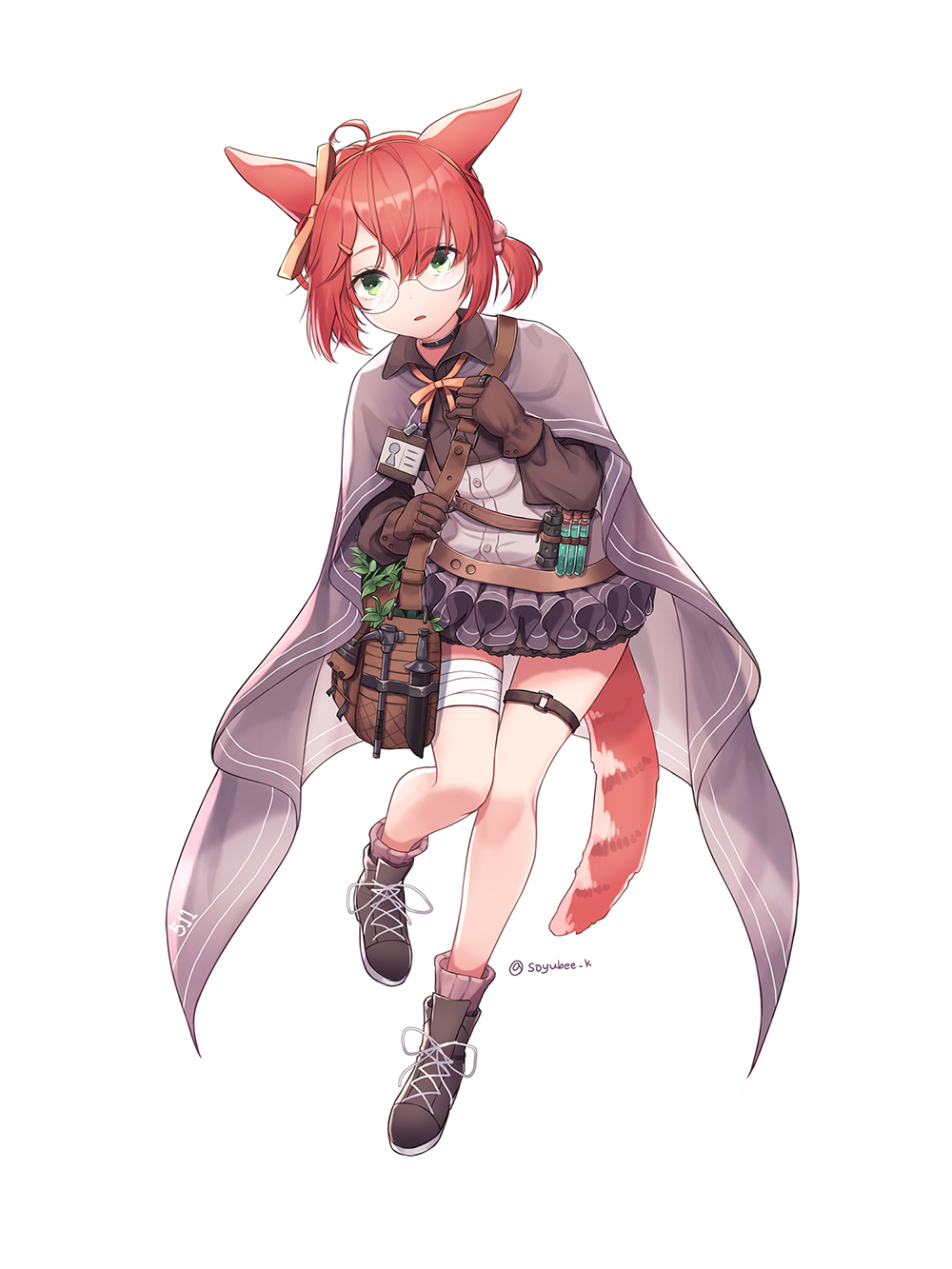 1girl ahoge animal_ears arknights bag bandage bandaged_leg bandages bangs black_collar black_footwear black_skirt boots bow brown_gloves cape cat_ears cat_girl cat_tail collar eyebrows_visible_through_hair frilled_skirt frills full_body glasses gloves green_eyes grey_skirt hair_between_eyes hair_bow hair_ornament hair_scrunchie hairband herb highres layered_skirt looking_at_viewer name_tag orange_bow orange_hairband parted_lips pink_scrunchie redhead rimless_eyewear scrunchie short_twintails simple_background skirt solo soyubee standing standing_on_one_leg tail thigh_strap twintails twitter_username white_background