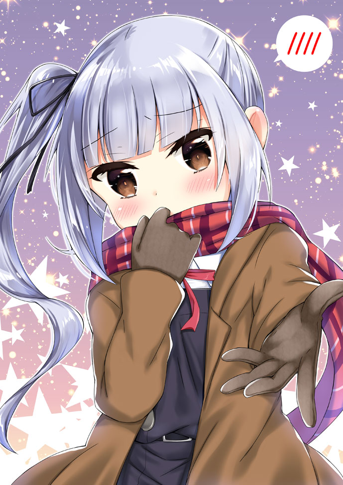 1girl black_ribbon blush brown_coat brown_eyes brown_gloves checkered checkered_scarf coat commentary_request eyebrows_visible_through_hair gloves hair_between_eyes hair_ribbon hand_on_own_face k_hiro kantai_collection kasumi_(kantai_collection) looking_at_viewer outstretched_arm remodel_(kantai_collection) ribbon scarf shiny shiny_hair side_ponytail sidelocks silver_hair solo spoken_blush star starry_background