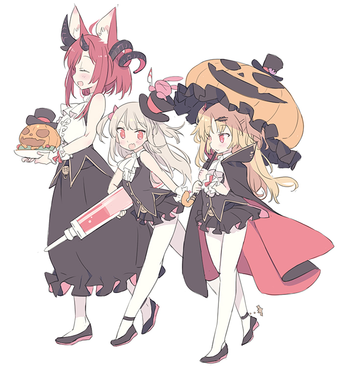 3girls :d akatsuki_yuni animal_ear_fluff ascot asymmetrical_horns bangs bare_shoulders black_cape black_footwear black_hat black_skirt black_vest blade_(galaxist) blonde_hair blood blush bow breasts brown_hair cape closed_eyes closed_mouth commentary_request crossover curled_horns eyebrows_visible_through_hair fang hair_bow hair_ornament hairclip hat holding holding_plate holding_syringe holding_umbrella jack-o'-lantern knife large_syringe long_hair long_skirt magrona magrona_channel medium_breasts mini_hat mini_top_hat multicolored multicolored_cape multicolored_clothes multiple_crossover multiple_girls natori_sana open_mouth orange_umbrella oversized_object pantyhose plaid plate pleated_skirt red_bow red_cape red_eyes redhead sana_channel shirt shoes simple_background skirt sleeveless sleeveless_shirt smile standing standing_on_one_leg stuffed_animal stuffed_bunny stuffed_toy syringe themed_object tilted_headwear top_hat two_side_up umbrella uni_channel very_long_hair vest virtual_youtuber white_background white_legwear white_neckwear white_shirt wrist_cuffs