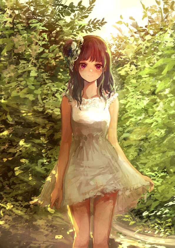 1girl bangs beads black_hair day dress flower hair_flower hair_ornament head_wreath kyota07 leaf long_hair looking_at_viewer original outdoors plant short_dress side_bun smile solo standing sundress violet_eyes white_flower