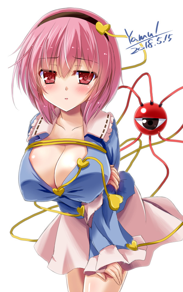 1girl artist_name blouse blue_blouse blush breast_hold breasts cleavage covered_nipples cowboy_shot dated eyeball hair_ornament hairband hand_on_own_arm heart heart-shaped_pupils heart_hair_ornament holding_arm komeiji_satori large_breasts leaning_forward long_sleeves looking_at_viewer parted_lips partially_unbuttoned pink_hair pink_skirt short_hair signature simple_background skirt solo symbol-shaped_pupils third_eye touhou white_background yamu_(reverse_noise)