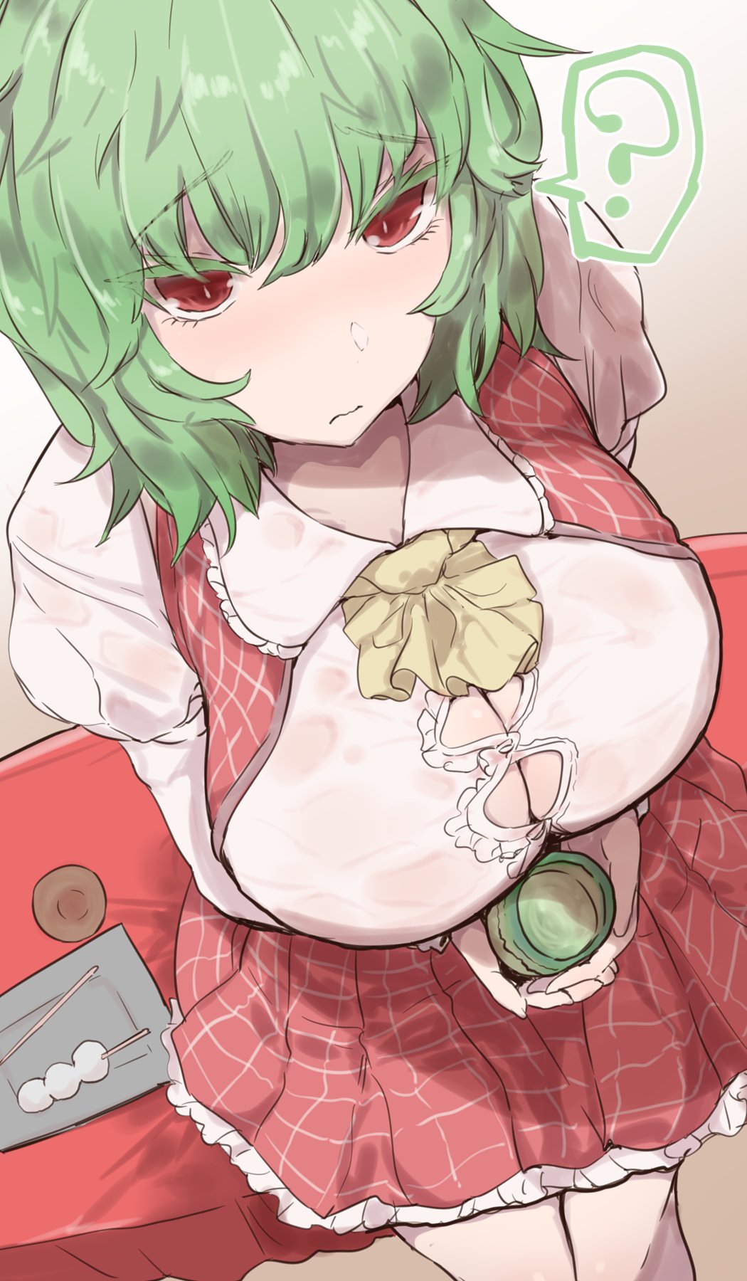 1girl ? ascot breasts bursting_breasts button_gap cleavage commentary_request cup dango food from_above gradient gradient_background green_hair hair_between_eyes highres holding holding_cup kaizu_(kaizukurodai) kazami_yuuka large_breasts long_sleeves looking_at_viewer miniskirt perspective plaid plaid_skirt plaid_vest red_eyes red_skirt red_vest shirt short_hair sitting skirt skirt_set solo spoken_question_mark taut_clothes taut_shirt tea touhou vest wagashi yellow_neckwear