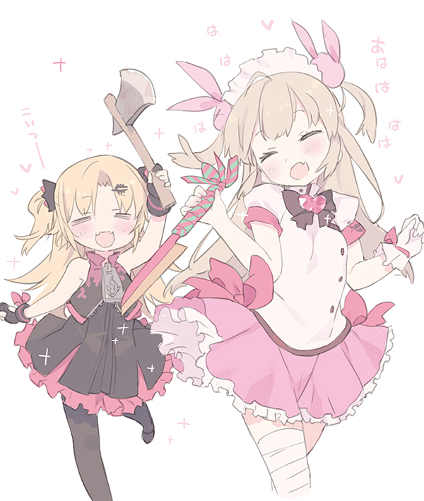 2girls akatsuki_yuni axe black_dress blade_(galaxist) blonde_hair chasing dress knife light_brown_hair multiple_girls natori_sana sana_channel skirt smile two_side_up uni_channel virtual_youtuber