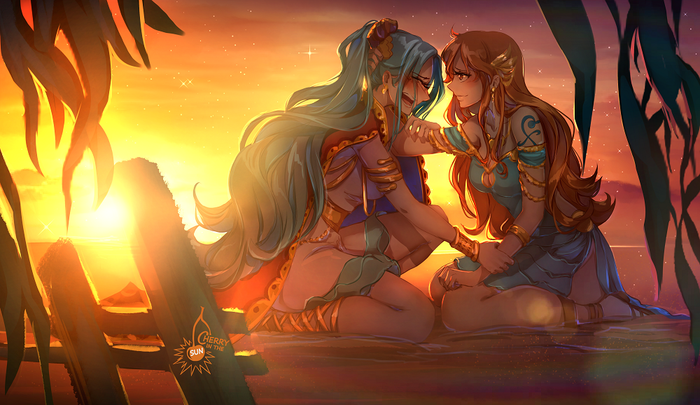 2girls artist_name blue_dress blue_hair blush breasts brown_eyes brown_hair cape cherry_in_the_sun cleavage closed_eyes collarbone dress from_side hair_ornament long_hair medium_breasts multiple_girls nami_(one_piece) nefertari_vivi off_shoulder one_piece red_cape short_dress sky sleeveless sleeveless_dress smile star_(sky) starry_sky sunset tattoo very_long_hair white_dress