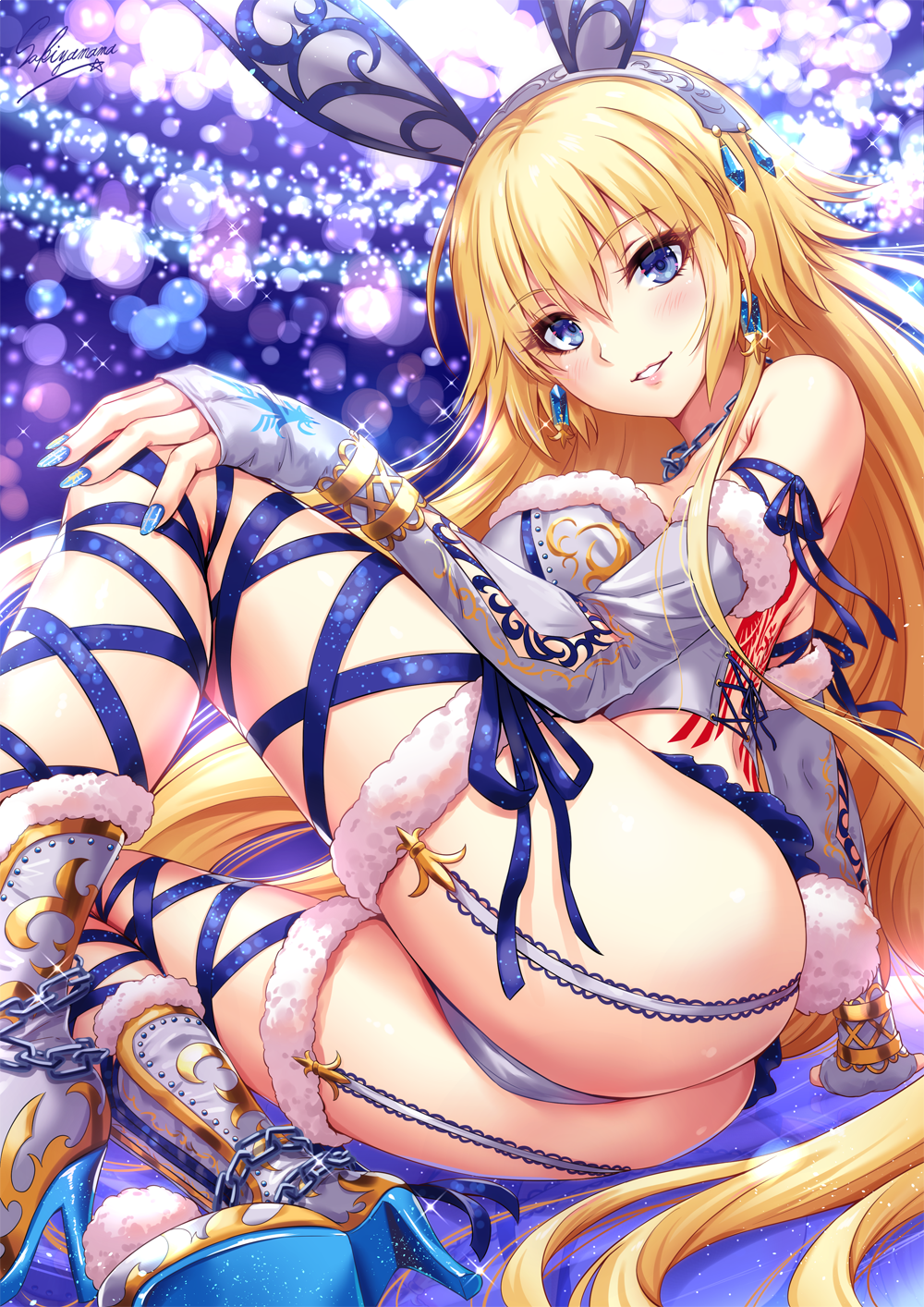 1girl animal_ears ass back_tattoo bangs bare_shoulders blonde_hair blue_eyes blue_nails blue_ribbon blush boots bracelet breasts bridal_gauntlets chains crop_top earrings fate/apocrypha fate_(series) fur_trim garter_straps grey_panties hair_between_eyes headpiece high_heel_boots high_heels highres hips jeanne_d'arc_(fate) jeanne_d'arc_(fate)_(all) jewelry knee_boots large_breasts long_hair looking_at_viewer nail_polish necklace panties parted_lips rabbit_ears ribbon sakiyamama signature smile solo sparkle tattoo thighs underwear very_long_hair