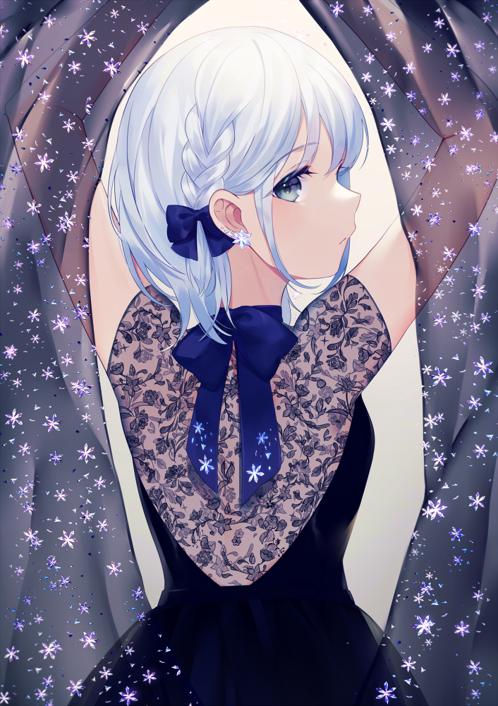 1girl achiki arms_up blue_bow blue_dress bow braid commentary_request dress earrings from_behind green_eyes hair_bow jewelry looking_at_viewer looking_back original see-through snowflake_earrings solo transparent upper_body white_hair